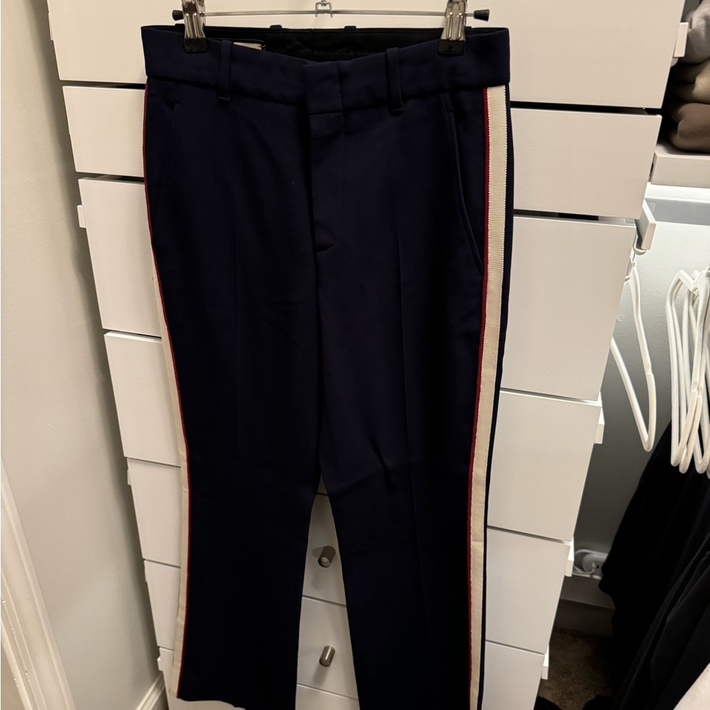 Gucci Men's Dark Blue Pants with Red and White Accents